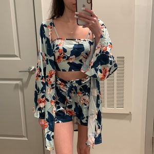 SHEIN floral print cami top & belted shorts and coat set
